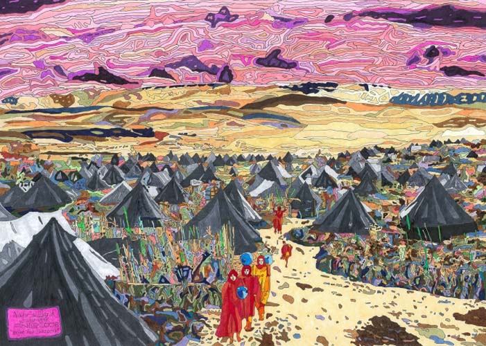 Painting of a Palestinian refugee camp at Nahr al-Barid in northern Lebanon, winter 1948 / By Anis Hamedeh - 2008