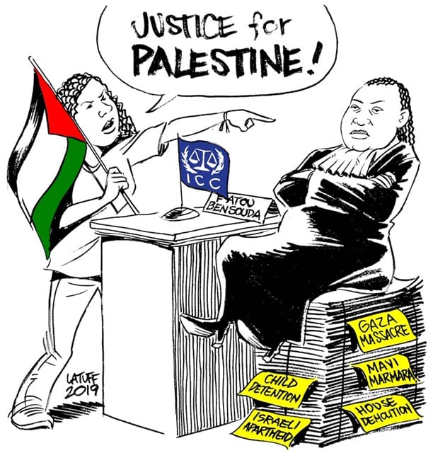 Drawing by Carlos Latuff in solidarity with the demonstration in front of the International Court on 29 November 2019 